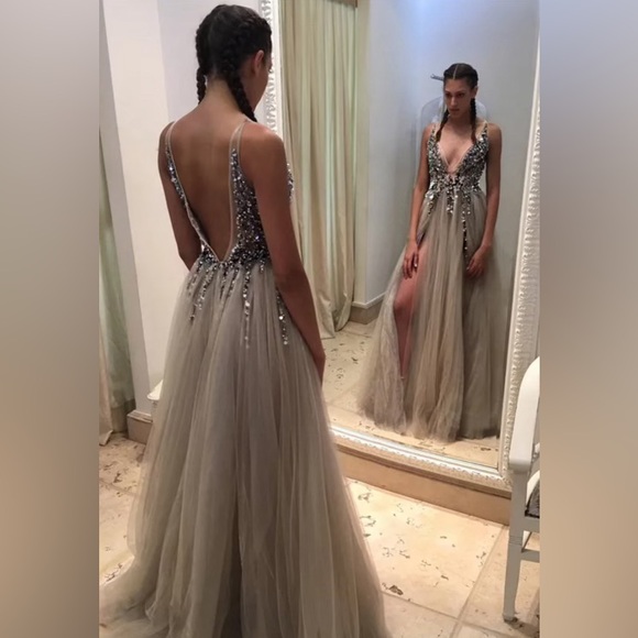 Gray Beaded V Neck Gown NWOT - Picture 7 of 12